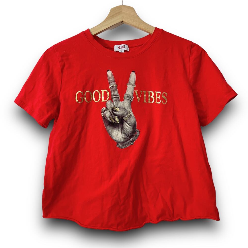 Cali Baby Medium Red Good Vibes Graphic Short Sleeve Crop Top Tee T-Shirt